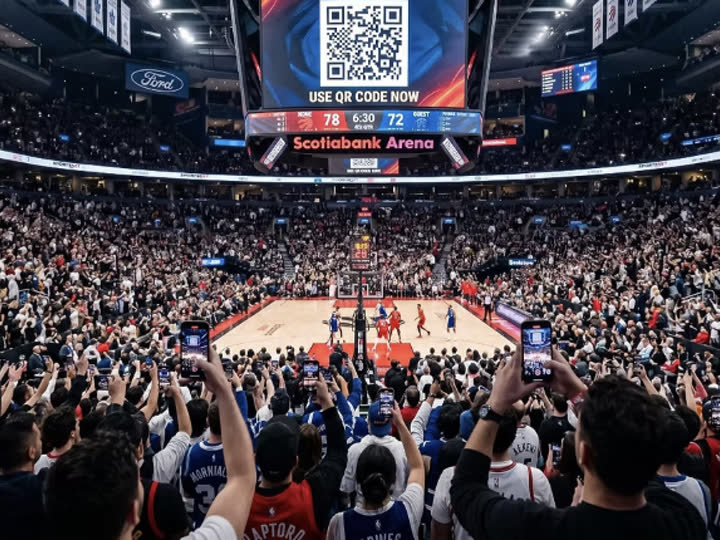 Fans in an arena scanning a DMA Engage QR code on the scoreboard screen