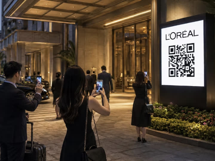 Guests outside a hotel entrance scanning a DMA Engage QR code on a sign